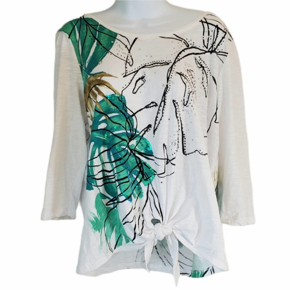 ONQUE PETITE Palm Leaf Tropical Embellished Top Petite Large